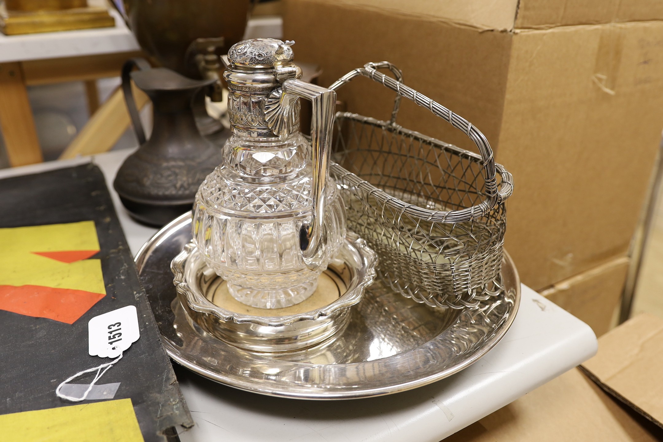 Mixed silver plate including tray, jug etc. and other metalware